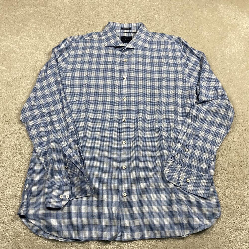 Calder Carmel Shirt Mens XL Blue Check Cotton Linen Button Front Limited Edition